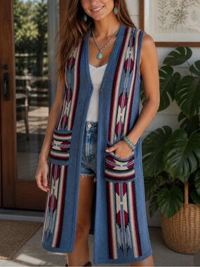 Like New Blue Southwestern Boho Knit Long Vest with Western Aztec Pattern